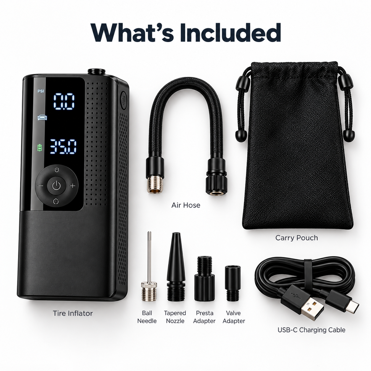 Veltratech tire inflator and included accessories