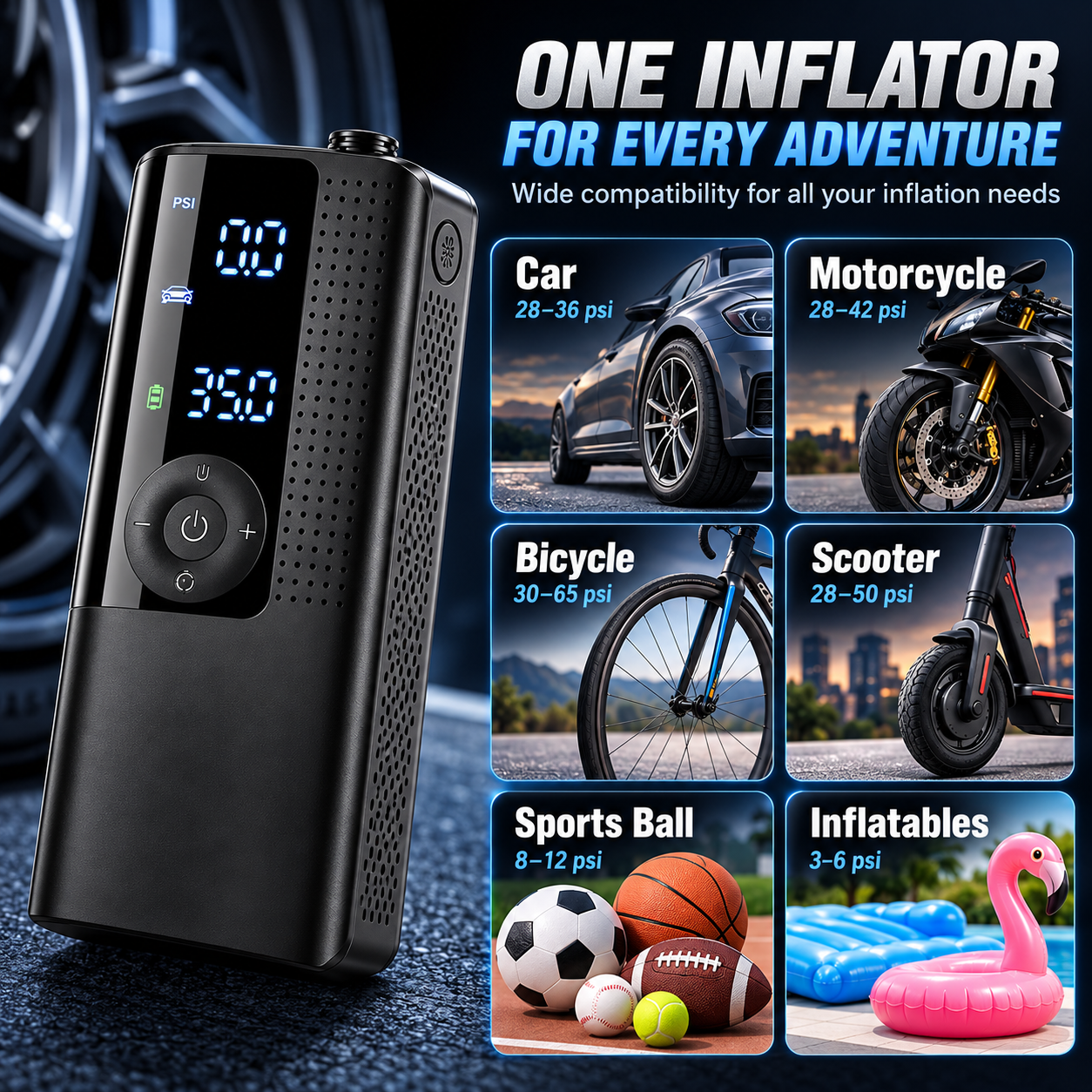 Inflator compatible with cars, motorcycles, bicycles, scooters, sports balls and inflatables