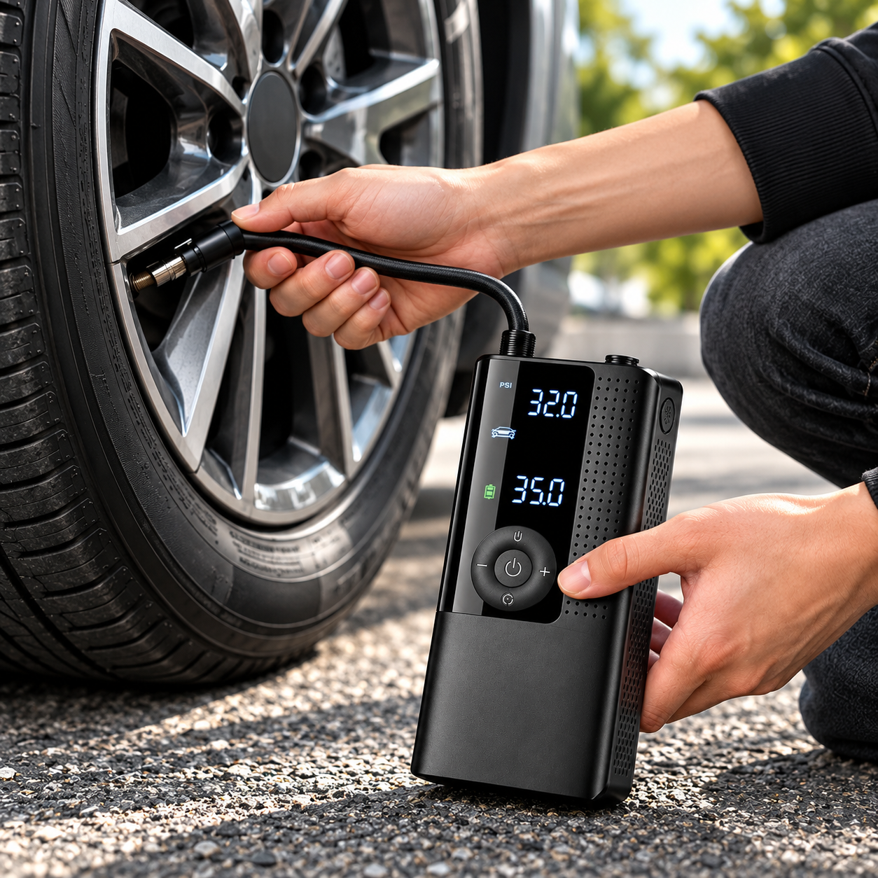 Portable tire inflator connected to a car tire