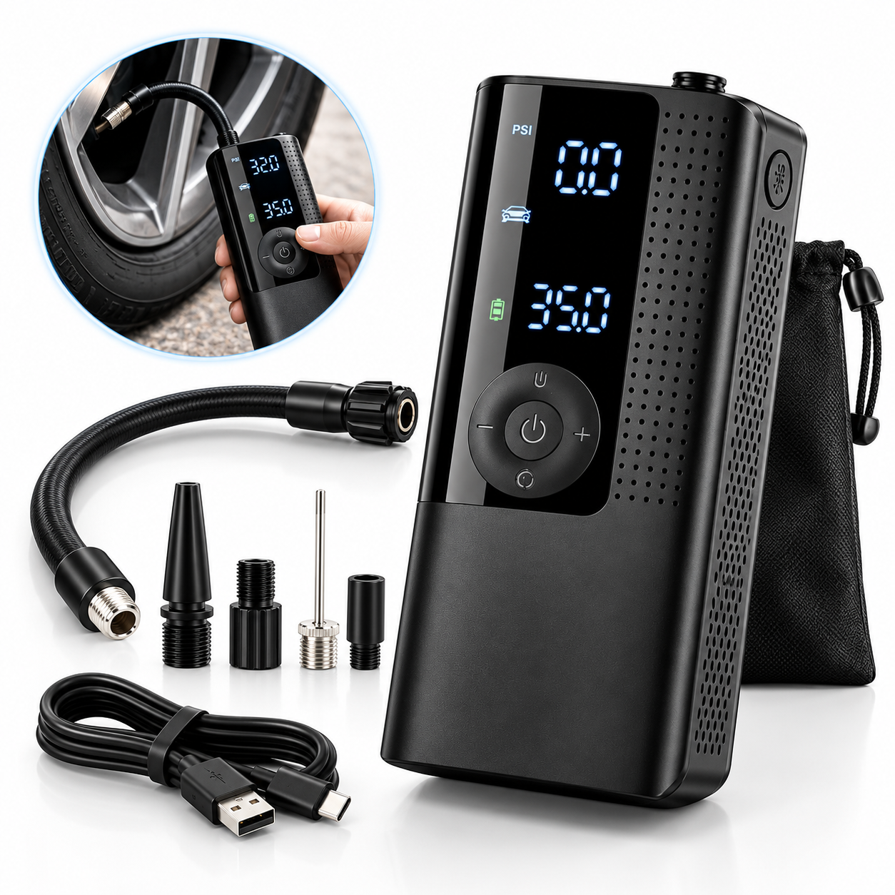 Veltratech portable tire inflator with hose and accessories